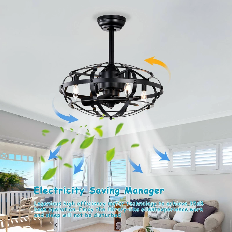 Industrial Bladeless Ceiling Fan with Lights, 18" Caged Design, Reversible Motor, Remote Control, Downrod Mount, E12 Standard Base, Matte Black