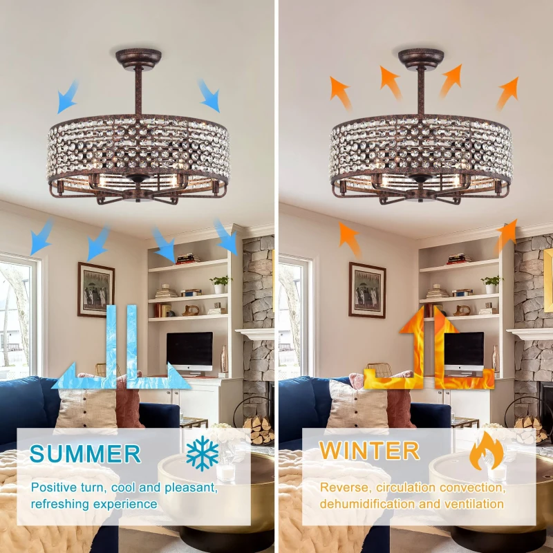 26.8" Crystal Chandelier Ceiling Fan with Remote Control, 3 ABS Blades, 4-Light Fixture, Metal Cage, and Reversible Motor, Rustic Brown