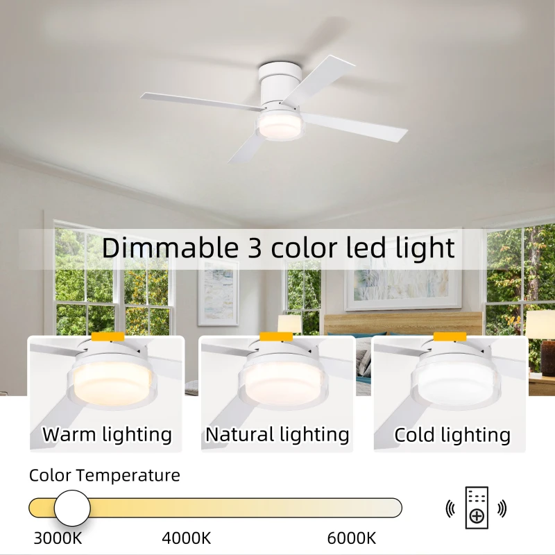 48" Fandelier Ceiling Fan with Lights and Remote, Low Profile Flush Mount, 3000K-6500K Dimmable LED, 6 Speed Settings, Dual Finish Blades, Matte White