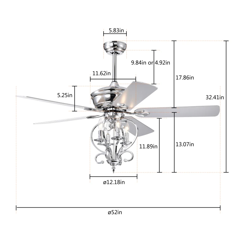 52" Ceiling Fan with 4 Lights and 5 Wood Blades, AC Motor, Remote Control, Reversible Airflow, 3-Speed, Adjustable Height, Traditional Design, Silver