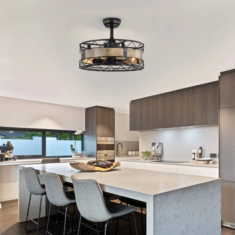 20.5" Caged Ceiling Fan with 5 ABS Blades, Remote Control, Timer, 3 Speeds, Reversible and Quiet for Farmhouse, Bedroom, Living Room, Matte Black