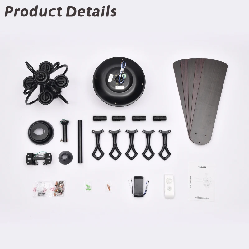 52" Farmhouse Ceiling Fan with 4 Lights and 5 Wood Blades, AC Motor, Remote Control, Reversible Airflow, 3-Speed, Adjustable Height, Traditional Design, Matte Black