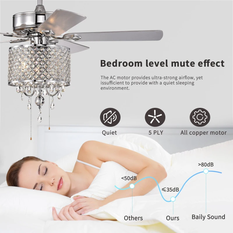 52'' Classical Crystal Ceiling Fan Lamp with 3-Speed Hand Pull Chain, 5 Reversible Blades, Dual Mount Compatible, Quiet Reversible Motor, Chrome