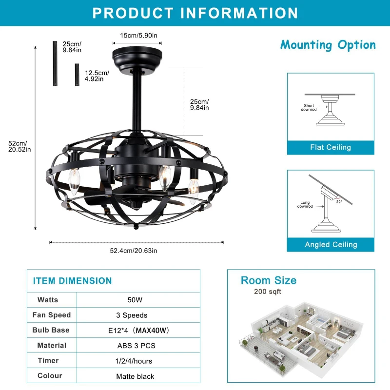 Industrial Bladeless Ceiling Fan with Lights, 18" Caged Design, Reversible Motor, Remote Control, Downrod Mount, E12 Standard Base, Matte Black