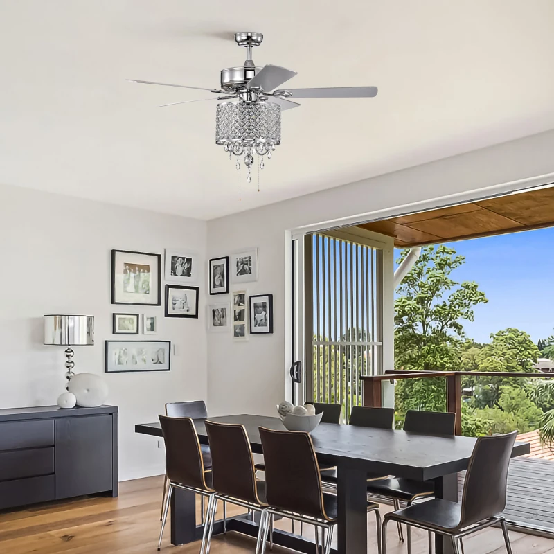 52'' Classical Crystal Ceiling Fan Lamp with 3-Speed Hand Pull Chain, 5 Reversible Blades, Dual Mount Compatible, Quiet Reversible Motor, Chrome