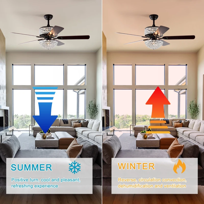 52" Dual Crystal Shade Ceiling Fan with 5 Wood Blades, 6-light, Remote Control, Reversible Airflow, Multi-Speed, Adjustable Height, Matt Black