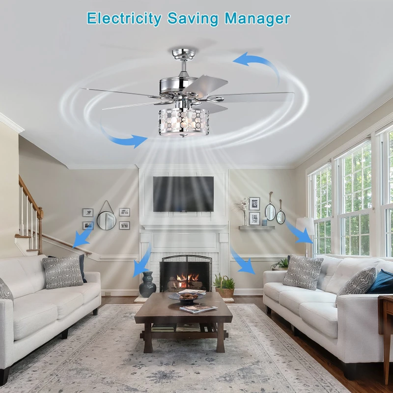 52" Elegant Ceiling Fan Light with Remote, Crystal Chandelier Fan with 5 Reversible Wood Blades, Silent Motor, and Adjustable Wind Speed for Dining Room, Bedroom, Living Room, Chrome
