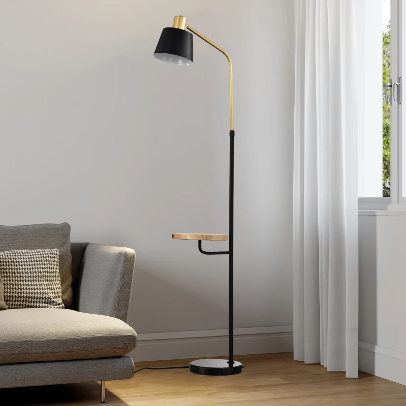 Real Marble Floor Lamp with Wood Bedside Nightstand, Built-in USB Charging Port, and Convenient Pedal Switch for Living Room or Bedroom, Matte Black