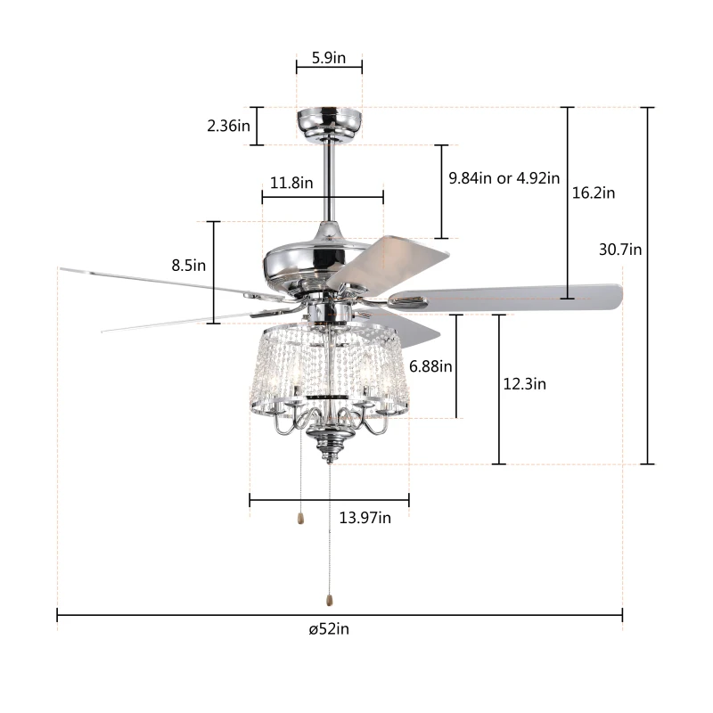52" Crystal Ceiling Fan with 5 Reversible Wood Blades, Modern Electrical Fan, Noiseless Reversible AC Motor, Remote Control, 4 Bulbs Not Included, Chrome