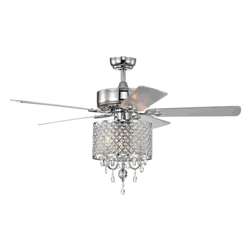 52'' Classical Crystal Ceiling Fan Lamp with 3-Speed Hand Pull Chain, 5 Reversible Blades, Dual Mount Compatible, Quiet Reversible Motor, Chrome