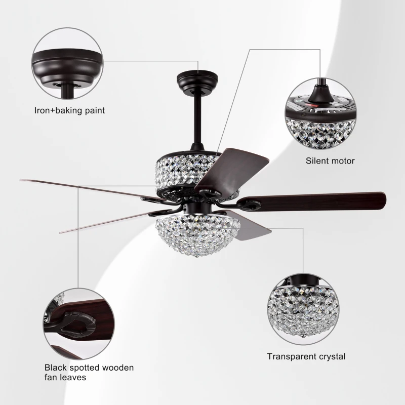 52" Dual Crystal Shade Ceiling Fan with 5 Wood Blades, 6-light, Remote Control, Reversible Airflow, Multi-Speed, Adjustable Height, Matt Black