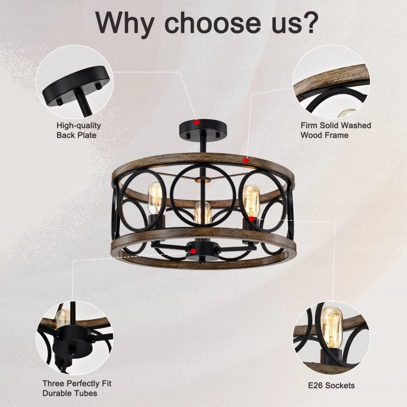 Matte Black Flush Mount Ceiling Light Fixture, 3-Light 17.72" Drum Chandelier, Farmhouse Modern Pendant Light for Kitchen, Matte Black