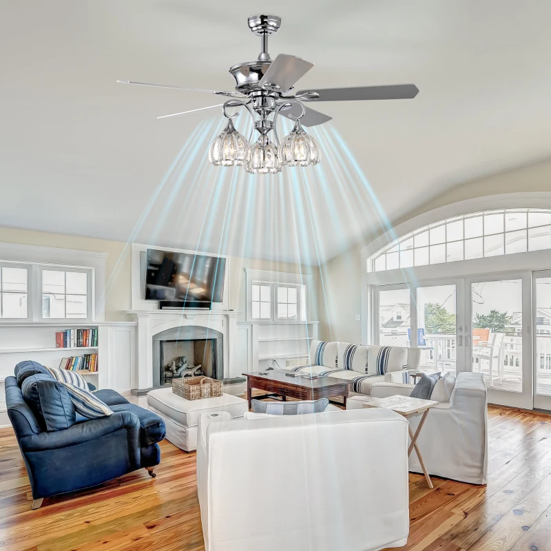 52'' Crystal Ceiling Fan Lamp with with 3-Light Crystal Chandelier, Remote Control, 3 Speed, 5 Reversible Blades, Dual Mount Compatible, for Living Room, Chrome