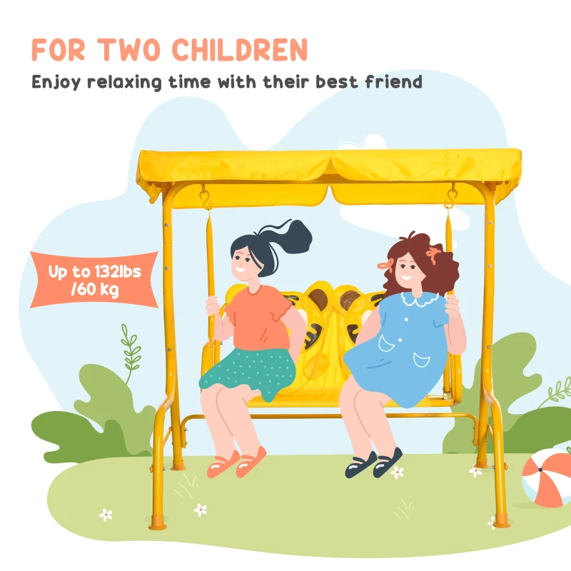 Outsunny 2-Seat Kids Porch Swing Chair, Children Outdoor Patio Furniture Lounge Chair for Garden, with Adjustable Canopy, Seat Belt, Tiger Pattern, for 3-6 Years Old, Yellow