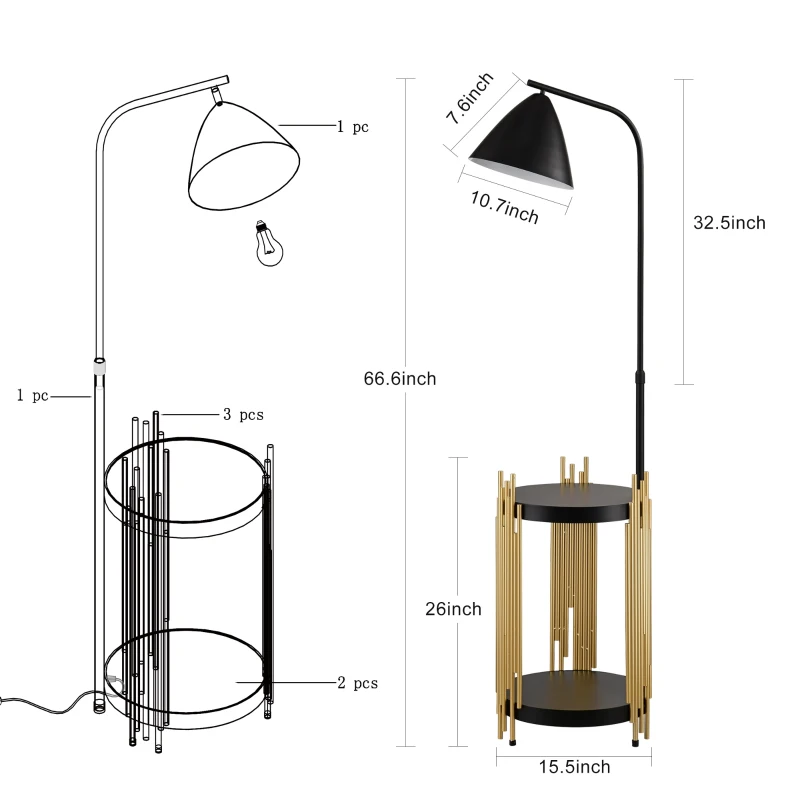 Luxury Floor Lamp with Shelves and Metal Lampshade, Industrial Standing Lamp for Living Room, Bedroom, Office, Convenient Pedal Switch, Gold+Matte Black