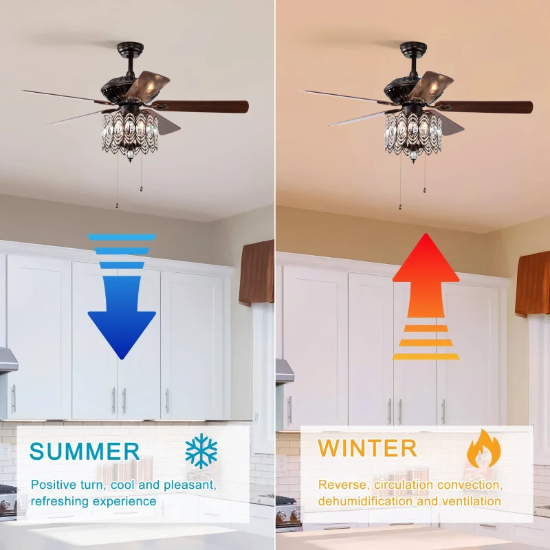 52'' Classical Crystal Ceiling Fan Lamp with 3-Speed, Chandelier Ceiling Fan with 5 Reversible Blades, Dual Mount Compatible, Quiet Reversible Motor, Rustic Brown