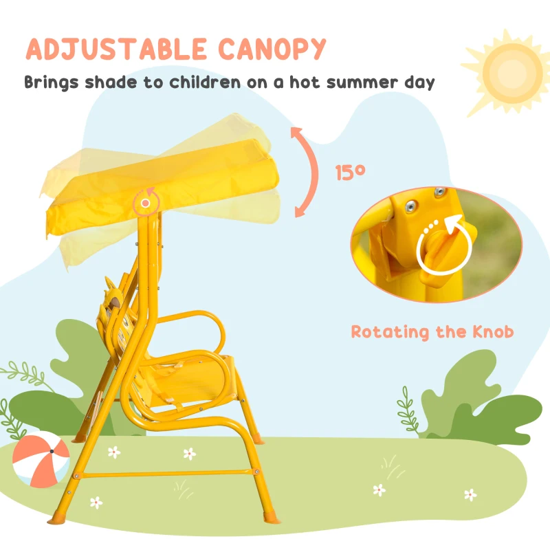 Outsunny 2-Seat Kids Porch Swing Chair, Children Outdoor Patio Furniture Lounge Chair for Garden, with Adjustable Canopy, Seat Belt, Tiger Pattern, for 3-6 Years Old, Yellow