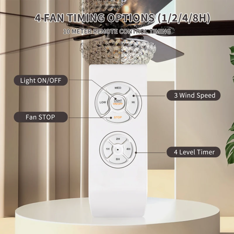 52" Dual Crystal Shade Ceiling Fan with 5 Wood Blades, 6-light, Remote Control, Reversible Airflow, Multi-Speed, Adjustable Height, Matt Black