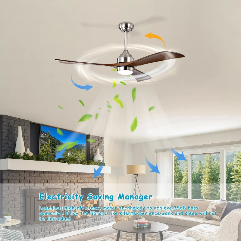 52" Ceiling Fan with Lights and Remote Control, Quiet DC Motor, 3 Wood Blades, 6 Speed Levels, Reversible for Indoor and Outdoor Use, Nickel