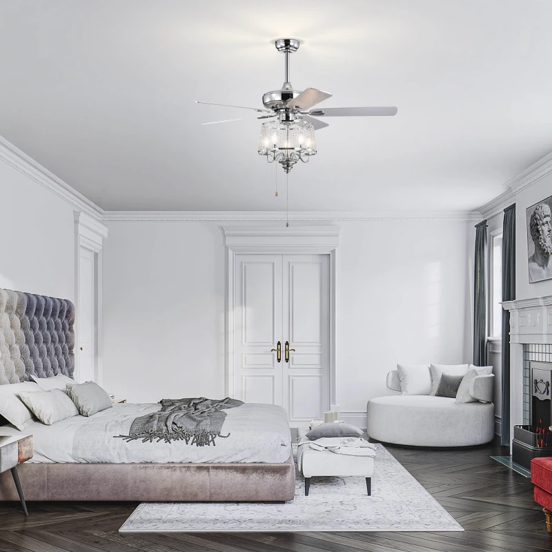 52" Crystal Ceiling Fan with 5 Reversible Wood Blades, Modern Electrical Fan, Noiseless Reversible AC Motor, Remote Control, 4 Bulbs Not Included, Chrome