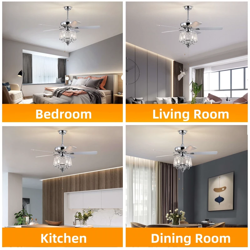52" Crystal Ceiling Fan with 5 Reversible Wood Blades, Modern Electrical Fan, Noiseless Reversible AC Motor, Remote Control, 4 Bulbs Not Included, Chrome