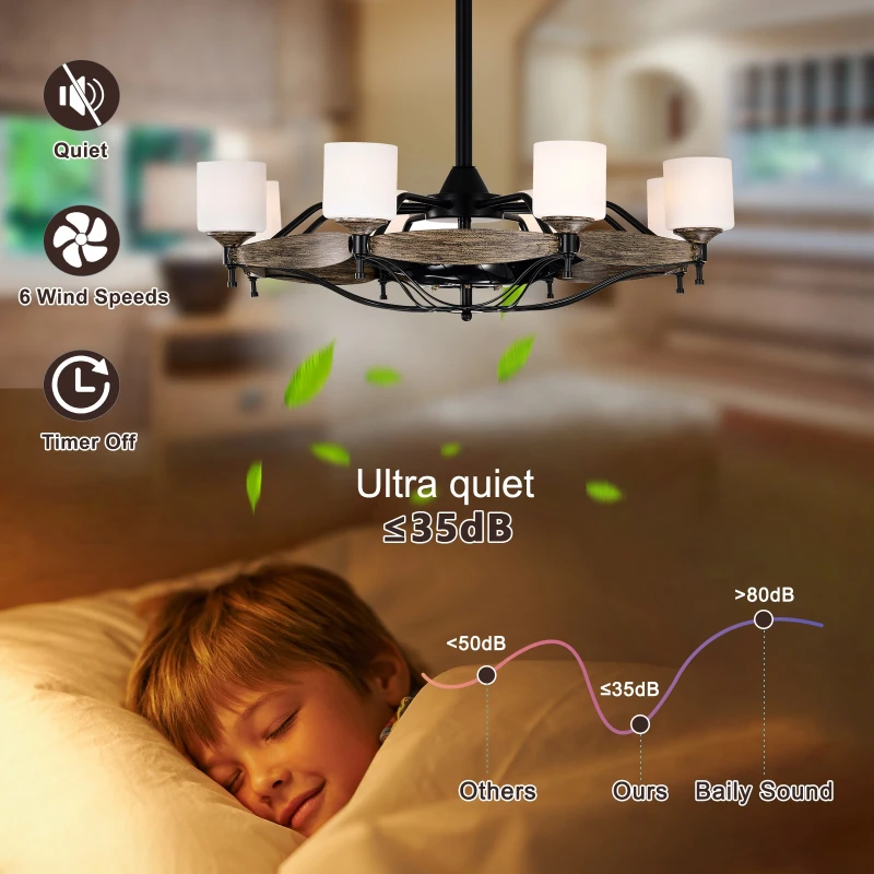 33" Chandelier Ceiling Fan with Remote, 6 Wind Speeds, Reversible Motor, and Silent Operation for Bedroom, Dining Room, Living Room, Kitchen, Farmhouse, Wood