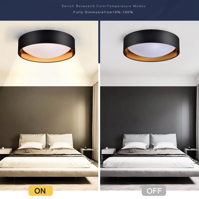 16.93" Flush Mount Ceiling Light with 5 CCT Selectable, 24W Dimmable LED Fixture, 2400 Lumen, Ideal for Bedroom, Kitchen, and Bathroom, Black