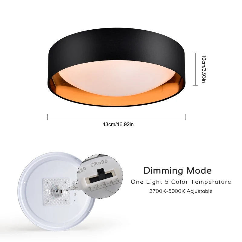16.93" Flush Mount Ceiling Light with 5 CCT Selectable, 24W Dimmable LED Fixture, 2400 Lumen, Ideal for Bedroom, Kitchen, and Bathroom, Black