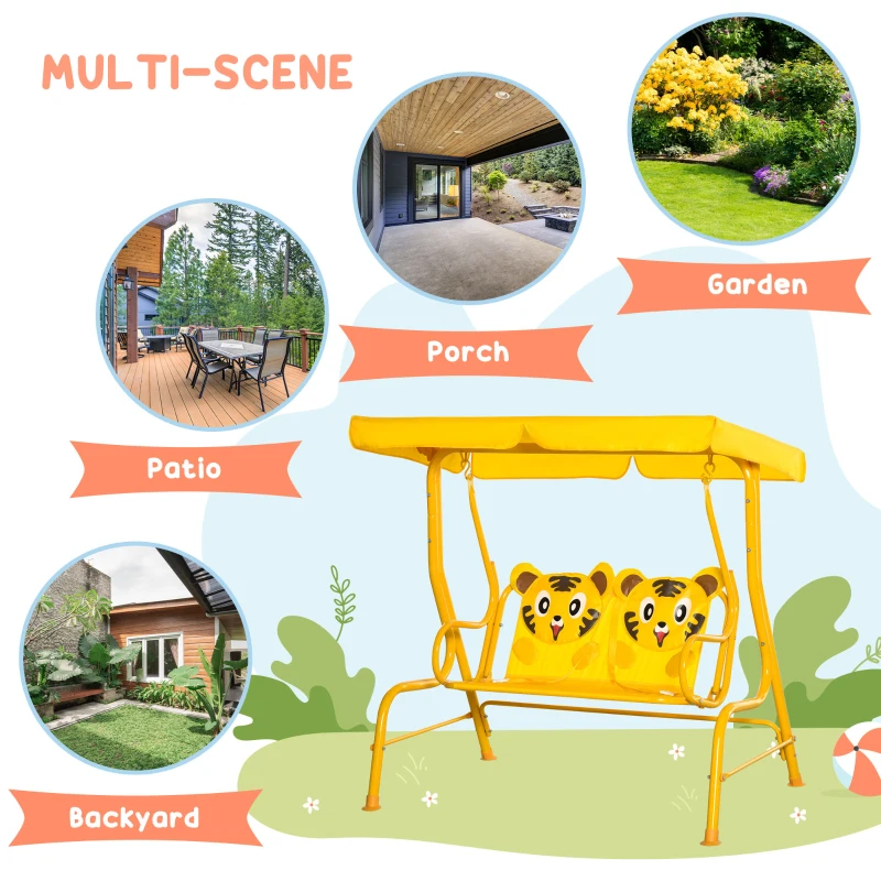 Outsunny 2-Seat Kids Porch Swing Chair, Children Outdoor Patio Furniture Lounge Chair for Garden, with Adjustable Canopy, Seat Belt, Tiger Pattern, for 3-6 Years Old, Yellow