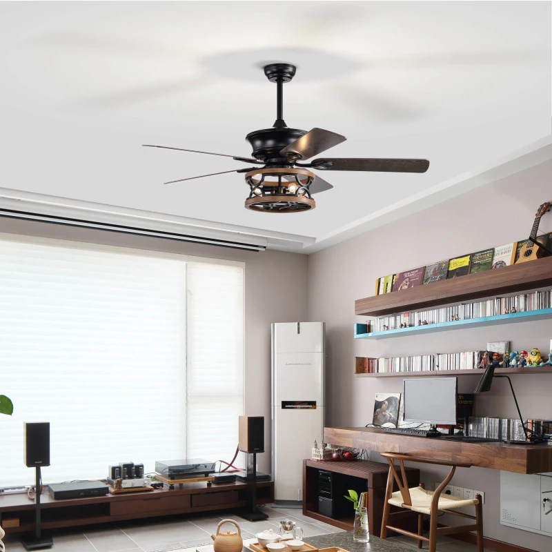 52 Inch Farmhouse Ceiling Fan with Lights and Remote, 3-Speed Reversible Motor, Caged Light Fixture, Intelligent Timing, Quiet Operation, Matt Black