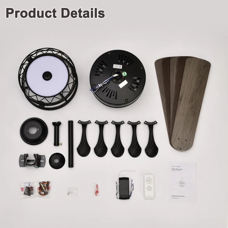 52 Inch Farmhouse Ceiling Fan with 3 Lights, 5 Wood Blades, AC Motor, Remote Control, Reversible Airflow, Multi-Speed, Adjustable Height, Matt Black