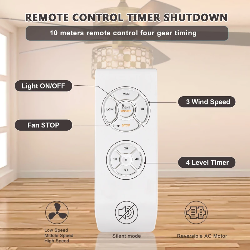 52" Antique Bronze Metal Ceiling Fan with 3 Lights, Crystal Chandelier, 5 Wood Blades, Remote Control, Reversible Airflow, Adjustable Height, Antique Brass