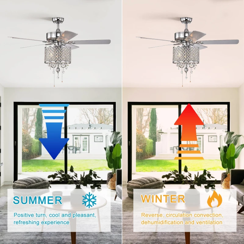 52'' Classical Crystal Ceiling Fan Lamp with 3-Speed Hand Pull Chain, 5 Reversible Blades, Dual Mount Compatible, Quiet Reversible Motor, Chrome