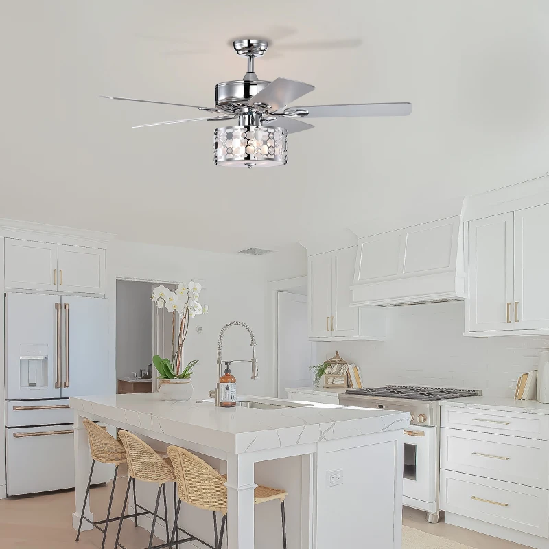52" Elegant Ceiling Fan Light with Remote, Crystal Chandelier Fan with 5 Reversible Wood Blades, Silent Motor, and Adjustable Wind Speed for Dining Room, Bedroom, Living Room, Chrome
