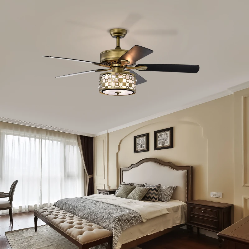 52" Antique Bronze Metal Ceiling Fan with 3 Lights, Crystal Chandelier, 5 Wood Blades, Remote Control, Reversible Airflow, Adjustable Height, Antique Brass