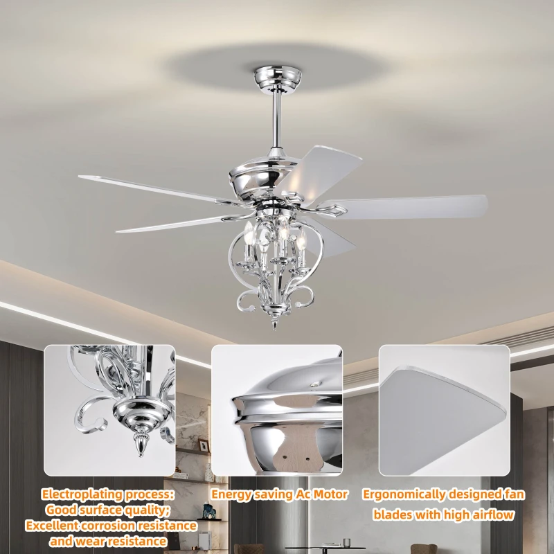 52" Ceiling Fan with 4 Lights and 5 Wood Blades, AC Motor, Remote Control, Reversible Airflow, 3-Speed, Adjustable Height, Traditional Design, Silver