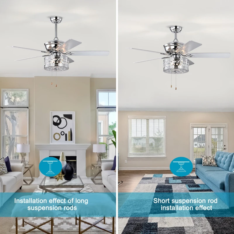 52'' Ceiling Fan with 5 Reversible Blades, Quiet 3-Speed Motor, Dual Mount Compatible, Pull Chain Control, Chrome
