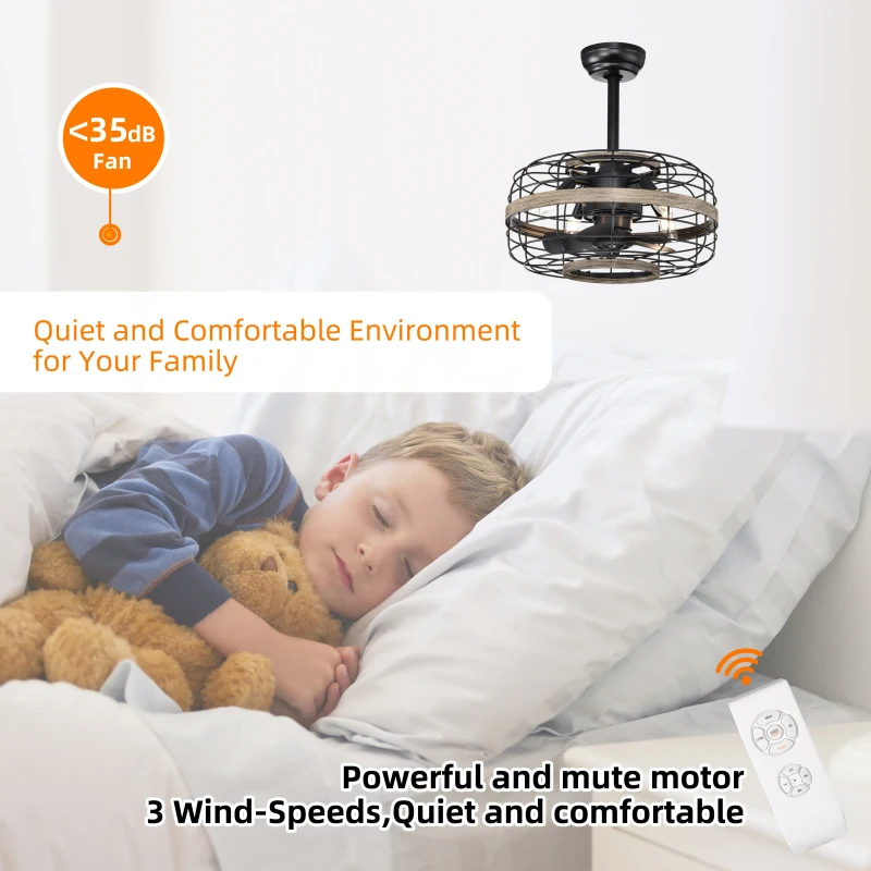 18" Farmhouse Ceiling Fan with Light, Caged Design, Remote Control, 3-Speed Adjustable, Reversible Motor, Downrod Mount, E12 Base, Matte Black