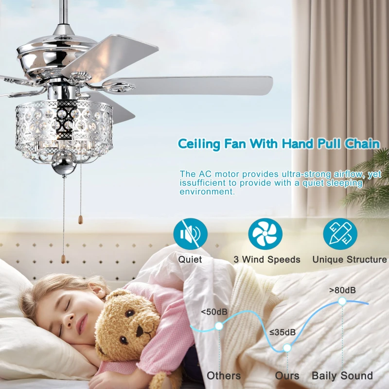 52-Inch Indoor Ceiling Fan with Reversible AC Motor, Pull Chain, Dual Finish Blades, and Dual Mount Compatibility, Chrome