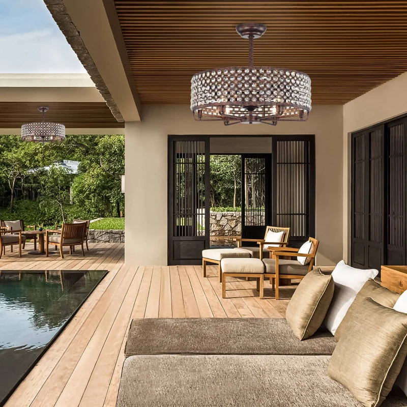 26.8" Crystal Chandelier Ceiling Fan with Remote Control, 3 ABS Blades, 4-Light Fixture, Metal Cage, and Reversible Motor, Rustic Brown