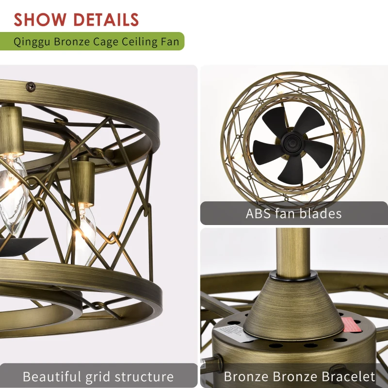 20" Low Profile Enclosed Bladeless Ceiling Fan with Lights, Reversible Motor, Remote Control, and Adjustable Downrod for Bedroom, Antique brown