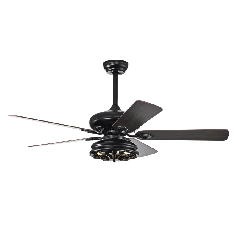 52" Farmhouse Ceiling Fan with Remote, Dual Finish Blades, Industrial Fandelier, 3-Speeds, Reversible Direction, for Living Room, Bedroom, Patio, Matte Black