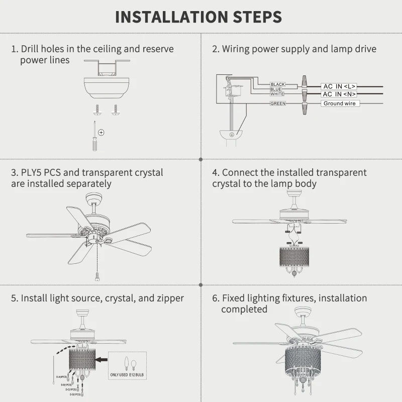 52'' Classical Crystal Ceiling Fan Lamp with 3-Speed Hand Pull Chain, 5 Reversible Blades, Dual Mount Compatible, Quiet Reversible Motor, Chrome