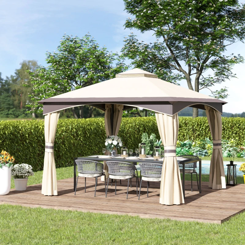 Outsunny 10' x 10' Soft Top Gazebo Canopy Tent w/ Double Roof, Eaves Design and Mesh Netting Sidewall Outdoor Patio Large Garden