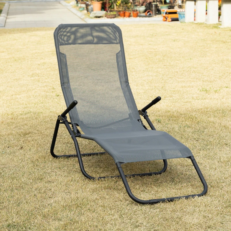 Outsunny Foldable Patio Lounge Chair, Outdoor Beach Lounger with Breathable Mesh Fabric, Zero Gravity Chair with Reclining, Footrests, and Armrests, for Garden, Pool, Grey