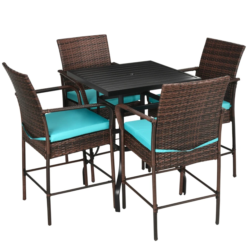 Outsunny 5-Piece Wicker Bar Set, Patio Bar Table Chair with Parasol Hole for Poolside, 31.5"x31.5"x39.8", Brown