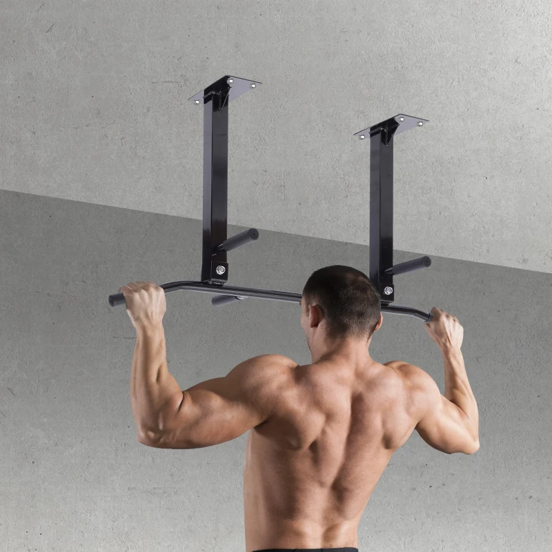 Soozier Ceiling Mounted Pull Up Bar Wall Mount Chin Up Bar Upper Body Strength Training Station Home Gym Black