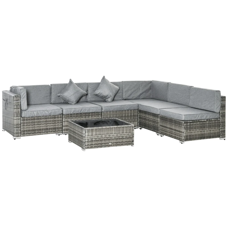 Outsunny 7pc Garden Wicker Sectional Set w/ Tea Table Patio Rattan Lounge Sofa Outdoor Deck Furniture Light Grey