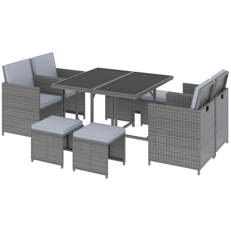 Outsunny 9 Piece Outdoor Rattan Wicker Dining Table and Chairs Furniture Set Space Saving Wicker Chairs w/ Cushions - Gray
