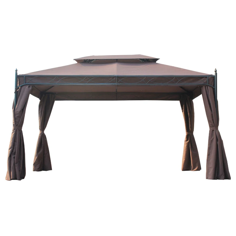 Outsunny 10x13ft Garden Gazebo Double-Tiered with Curtain Outdoor Shelter Backyard Canopy, Coffee